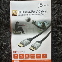 j5create, 8K @ 60 Hz / 4K @ 120 Hz, 32.4Gbps DisplayPort Cable for TVs, laptops, monitors, graphic cards, 6.6 ft, JDC43