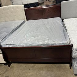 New Queen Size Cherry Wood Bed With Promotional Mattress And Box Spring Including Same Day Delivery