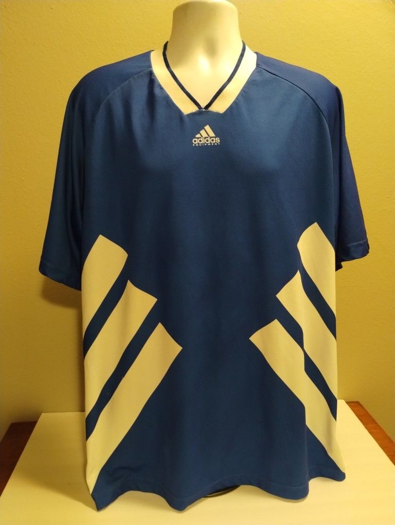 Vintage 90's Adidas Equipment Trikot Retro soccer Blue Jersey Made in USA XL.