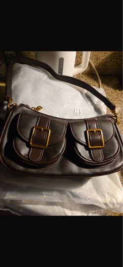 Dark Brown Leather Shoulder Bag Gold Buckles