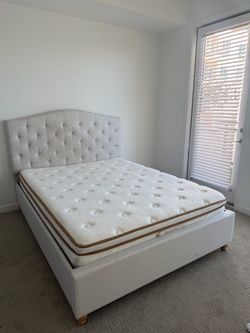 Queen Size Upholstered Bed Frame + Mattress – Excellent Condition