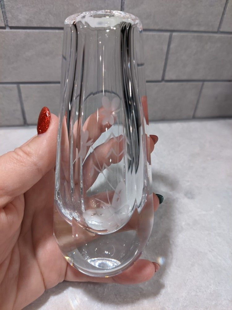 Orrefors Crystal P2683Signed Bud Vase Etched Butterfly & Flowers
