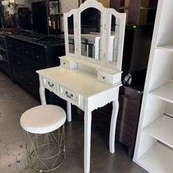 White Vanity Table with Trifold Mirror and Gold Stool 