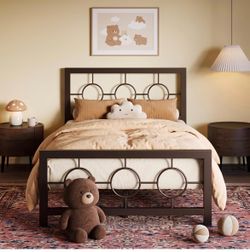 New in box -Twin Size Metal Bed Frame, Vintage Headboard & Footboard, Brown