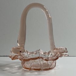 Vintage Light Pink Peach Handled Basket Candy Dish Ruffled Edge