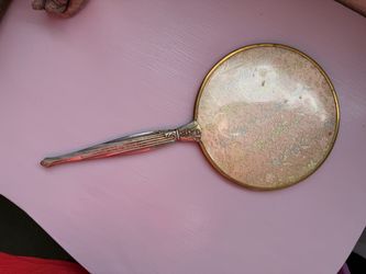 Vintage Hand Mirror — Gold Brass Frame, Silver Reeded Handle, Silk Brocade Back Panel