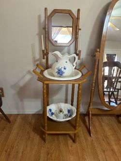 Vintage wash stand with ceramic bowl and pitcher