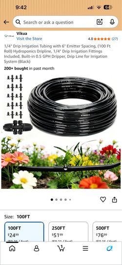 1/4" Drip Irrigation Tubing with 6" Emitter Spacing, (100 Ft Roll) Hydroponics Dripline, 1/4" Drip Irrigation Fittings Included, Built-in 0.5 GPH Drip