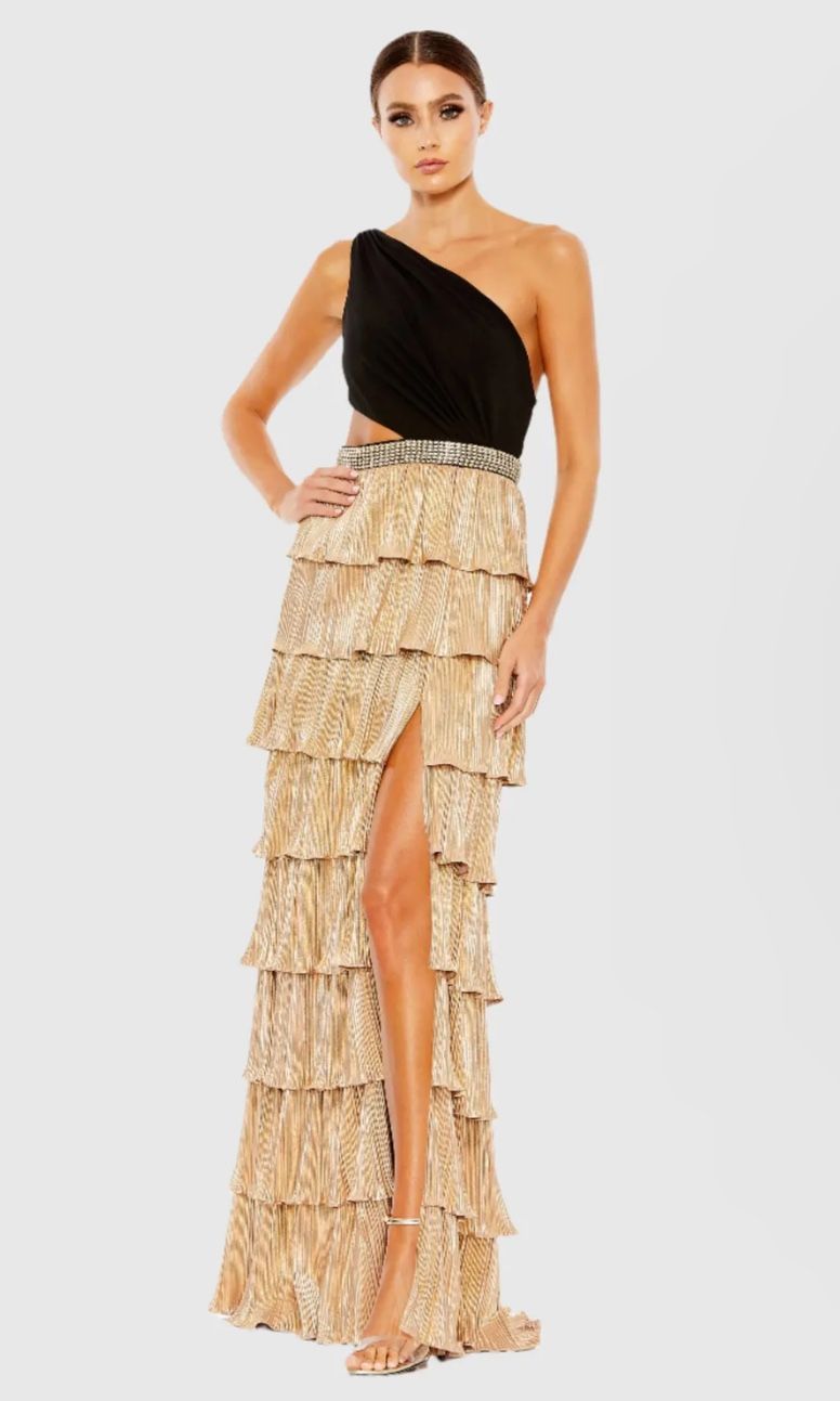 NWT Mac Duggal Black and Gold Tiered One Shoulder Gown