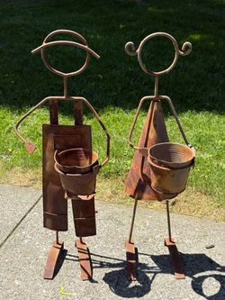 Pair of Vintage Rustic Metal Yard Art Garden Sculptures Boy and Girl Plant Pot Holders 30”