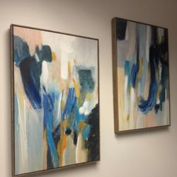 Pair Wood Framed Abstract Canvas Paintings