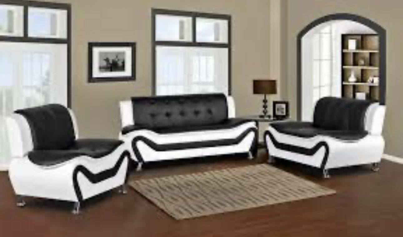 Modern Style Black And White Leather Three Piece Couch Set