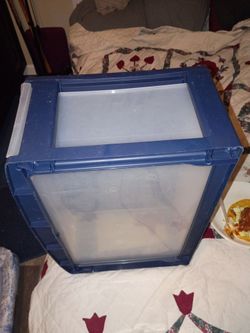 Blue Plastic Storage Bin with Clear Panels
