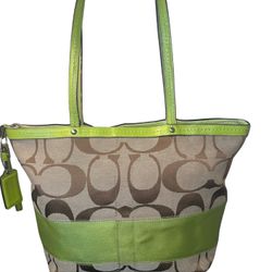 Coach Signature Stripe Lime Green & Khaki Canvas Tote Bag