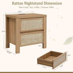 🥨Yechen Rattan Night Stand, Nightstand with Type-C Charging Station, Boho End Tables, Bed Side Tables, 23.6" D x 15.8" W x 23.6" H, 2 Drawers Nightst