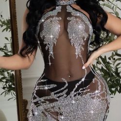 Black Rhinestone Mesh Dress 