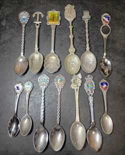 Lot of 13 Vintage Travel Souvenir Spoons – Drive-Thru Tree, Queen Mary, Enamel Crests