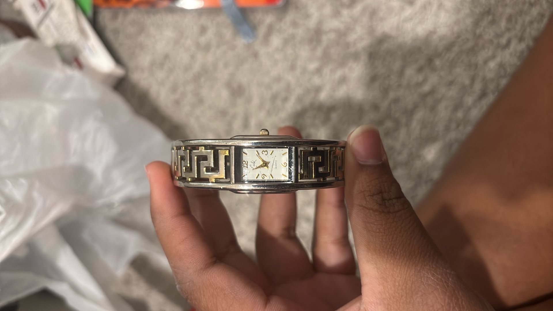 A Ladies Two-stone Silver And Gold Greek Key Pattern Bracelet
