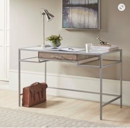 Adela Modern Writing Desk 48" W Antique Silver Glass Top Metal Base *NEED GONE*