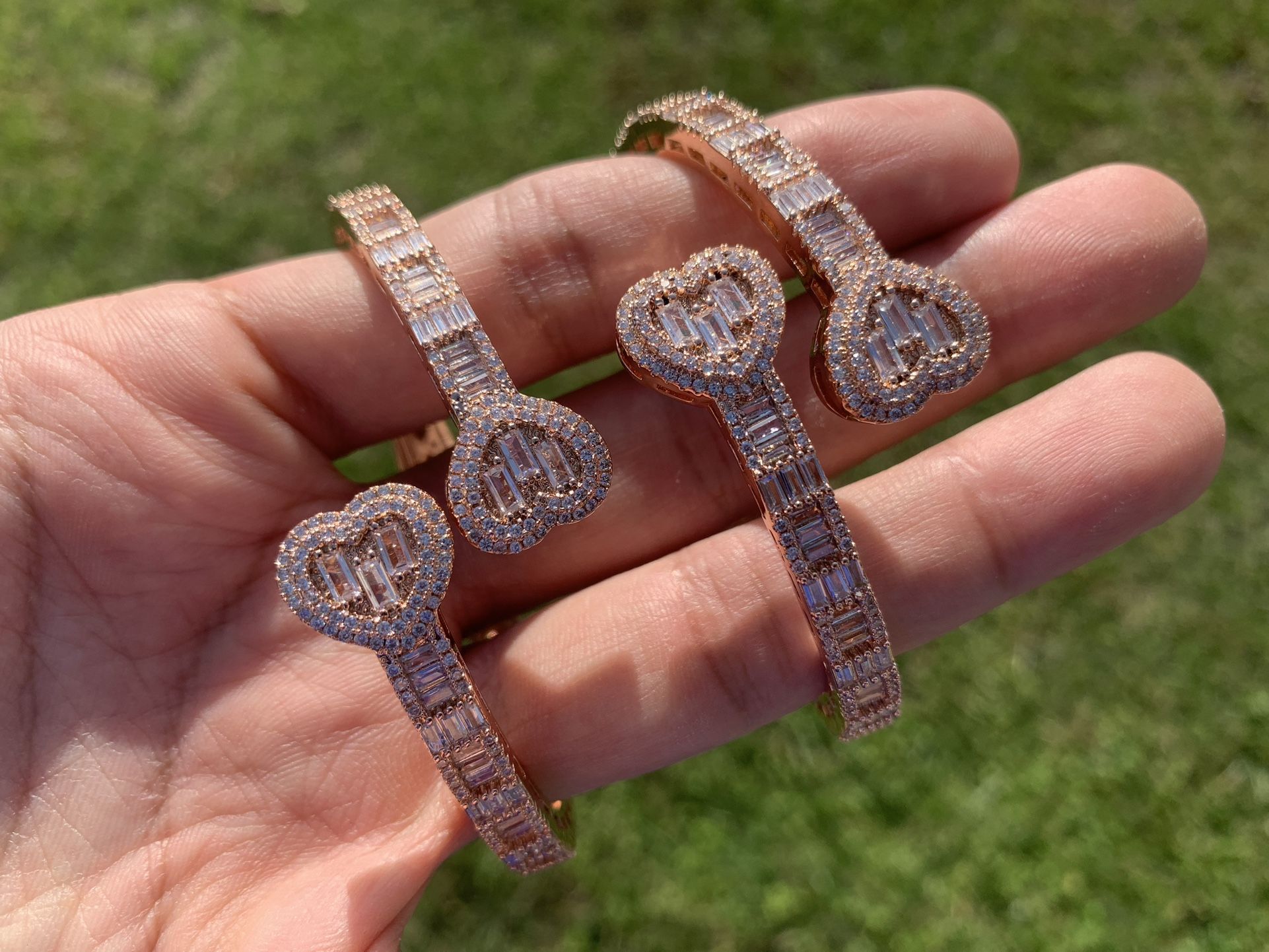 14k Rose Gold Plated Women’s Men’s Baguette Iced Tennis Link Heart Bracelet Bangle Prong Bracelet 5mm