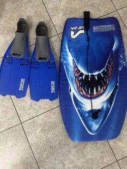 Blue bodyboard with shark design and matching fins.