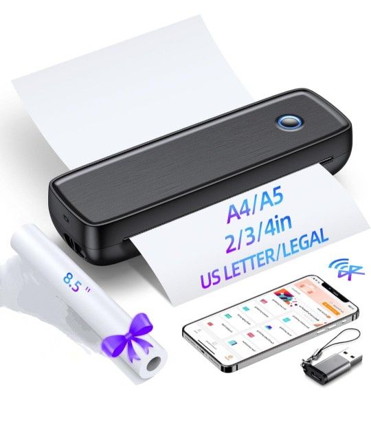 Inkless Portable Printer Wireless for Travel - High Resolution, 4200mAh Battery, Thermal Mini Printer for A4/A5/2/3/4in, USB, Lightweight, No Ink Nee