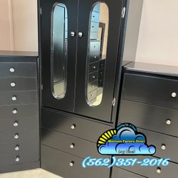 Tall Wood Closet Wardrobe To Hang Clothes Black With Door Mirror- Ropero Negro Para Colgar Ropa  