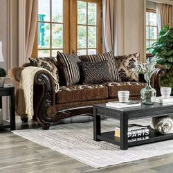 SLEIGH STYLE DARK BROWN WALNUT CHENILLE SOFA - SILLON - COUCH