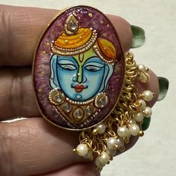 KRISHNA HAND-PAINTED Indian KING Golden W/BEADS Ring Kundan Bollywood Adjustable