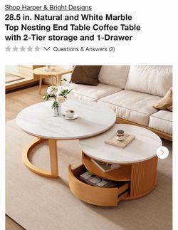 Shop Harper & Bright Designs 28.5 in. Natural and White Marble Top Nesting End Table Coffee Table with 2-Tier storage and 1-Drawer
