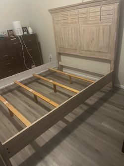 Queen size bed frame with boxspring and mattress