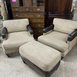 High End, Furniture, 2 Leather And Cloth Chairs With 1 Ottoman