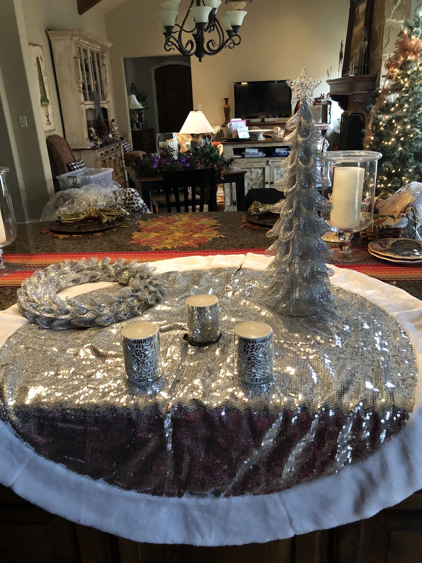 Silver glitzy Christmas Tree Skirt, Wreath , Tree, And 3 Sparkling Candles!