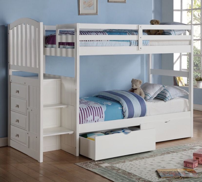 Bunk bed white twin over twin w/ storage & drawers