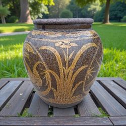 Large Antique Planter/Jug Chinese Gold & Mustard Floral And Birds 22" 