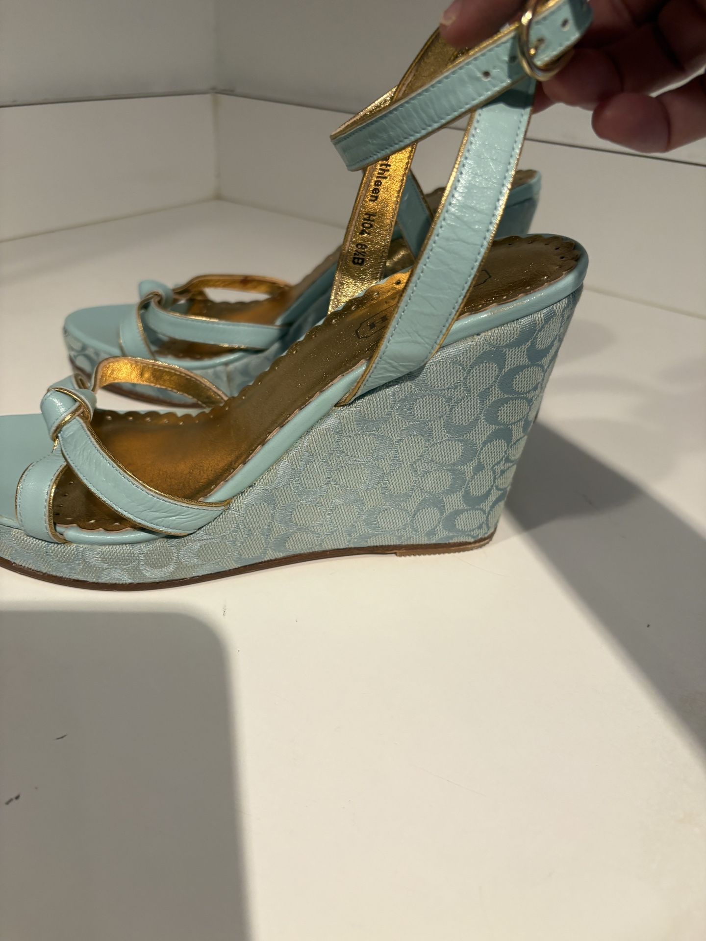 Coach Cathleen Blue & Gold Wedge Heels Size 8.5 Made In Italy.