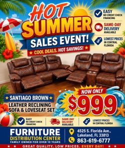 Limited time sale. Santiago Brown, leather reclining sofa and loveseat set only $999. Easy finance option. Same-day delivery.
