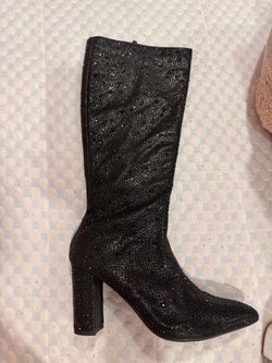 Black Rhinestone Knee-High Heeled Boot