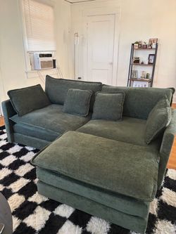 76in Green Modular Sofa with Ottoman and Pillows