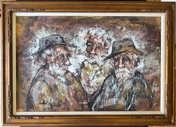 Vtg Textured Painting on Canvas 3 Men Portrait Abstract Folk Art Framed 24x36