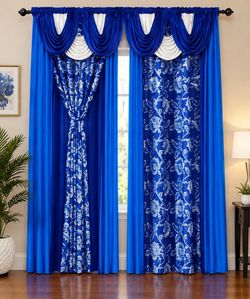 Royal Blue Floral Curtain Panel Set with Valance