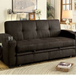 Brand New Brown Futon Sofa Sleeper w Cup Holders 