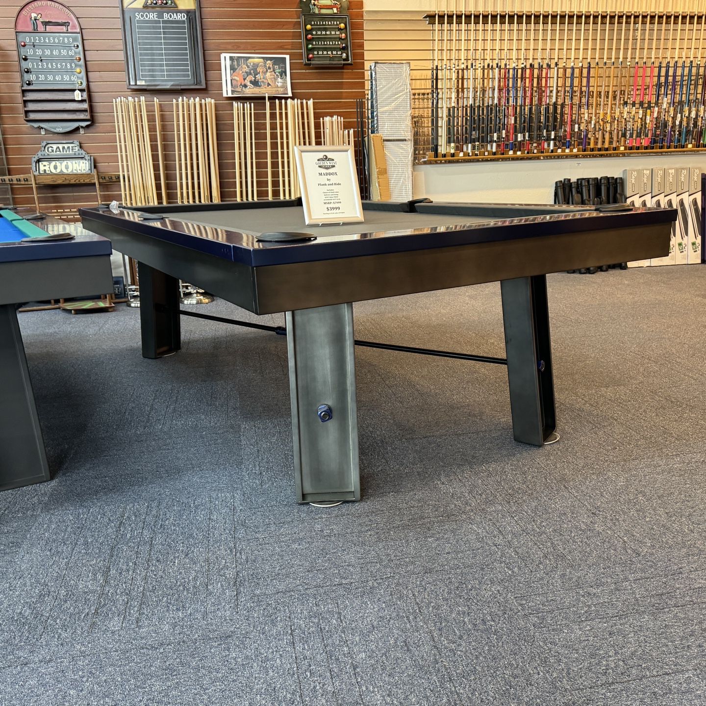 8’ metal Maddox pool table. INCLUDES DELIVERY, SETUP, AND CLOTH COLOR CHOICE.