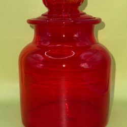 Vintage MCM Takahashi Red Blown Glass Apothecary Jar with Daisy Lid 