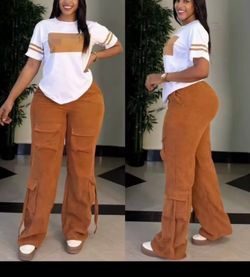 Chic Brown and White 2-Piece Cargo Pants and T-Shirt Set