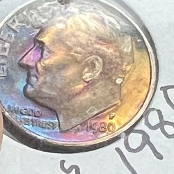 1980 Filled P Rainbow Toned Dime  Also Missing T Y On LIBERTY 