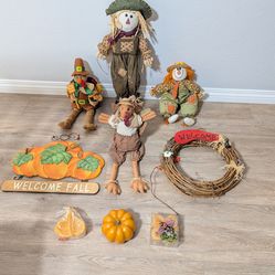 Vintage Fall Thanksgiving Harvesting Harvest lot of 9 scarecrow Dolls Wreath Candles Welcome Fall Sign