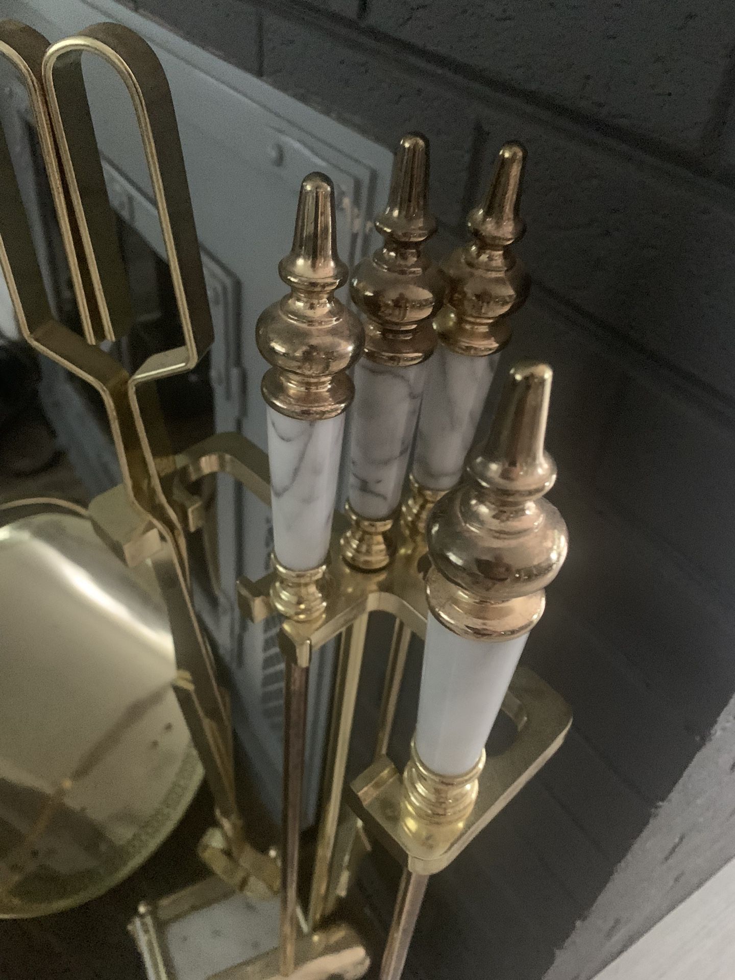 Vintage 5pcs Brass And Marble Fireplace Tool Set