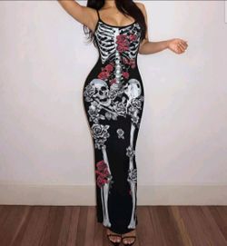 Women's Black Summer Goth Club Night Sleeveless Maxi Dress,Elegant Skull Floral Witch Graphic size medium