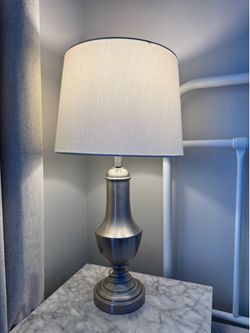 A pair of Brushed Nickel Table Lamp with White Drum Shade - 27 inch tall
